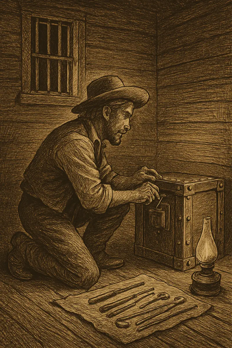 Sepia woodcut of a lone safecracker kneeling at an iron strongbox in a shuttered one-window cabin, working by the light of a single oil lamp.