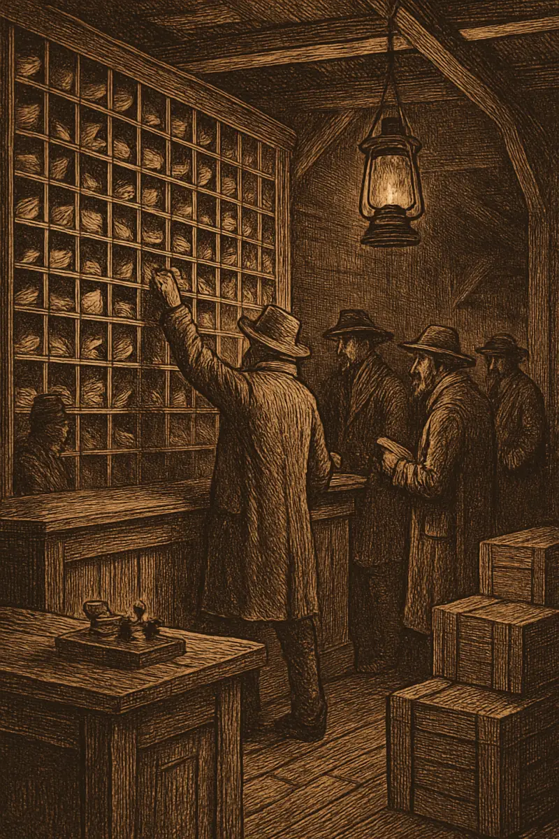 Sepia woodcut of rough men in long coats gathered at a freight depot wall of pigeonhole slots stuffed with paper orders, a lantern hanging overhead.