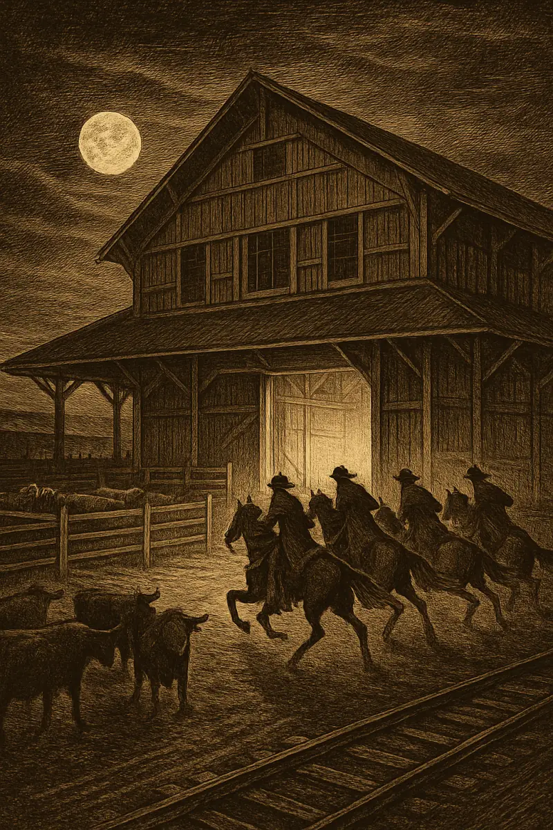 Sepia woodcut of mounted riders in long dusters converging on the open door of a great timber stockyard warehouse under a full moon, cattle pens and a rail siding in the foreground.